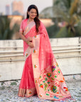 Dark Pink Organza Swan Paithani Silk Zari Woven Saree
