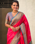 PInk Zari Woven Nath Contrast Yeola Paithani Silk Saree