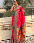 PInk Zari Woven Nath Contrast Yeola Paithani Silk Saree
