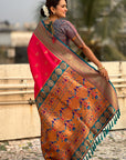 PInk Zari Woven Nath Contrast Yeola Paithani Silk Saree