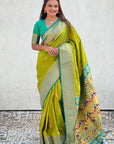 Mehendi Green Zari Woven Nath Contrast Yeola Paithani Silk Saree