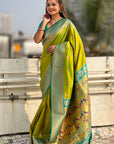Mehendi Green Zari Woven Nath Contrast Yeola Paithani Silk Saree