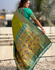 Mehendi Green Zari Woven Nath Contrast Yeola Paithani Silk Saree
