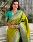 Mehendi Green Zari Woven Nath Contrast Yeola Paithani Silk Saree