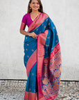Blue Zari Woven Nath Contrast Yeola Paithani Silk Saree