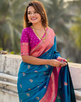 Blue Zari Woven Nath Contrast Yeola Paithani Silk Saree
