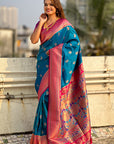 Blue Zari Woven Nath Contrast Yeola Paithani Silk Saree