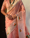Baby Pink Organza Swan Paithani Silk Zari Woven Saree