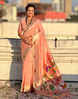 Baby Pink Organza Swan Paithani Silk Zari Woven Saree