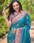 Cyan Blue Soft Silk Contrast Zari Woven Saree