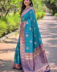 Cyan Blue Soft Silk Contrast Zari Woven Saree