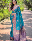 Cyan Blue Soft Silk Contrast Zari Woven Saree
