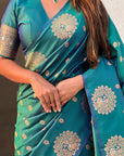 Green Soft Silk Dual Zari Woven Saree with Peacock Border