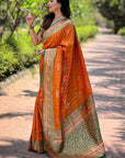 Orange Soft Silk Contrast Zari Woven Saree