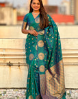Green Soft Silk Dual Zari Woven Saree with Peacock Border