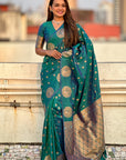 Green Soft Silk Dual Zari Woven Saree with Peacock Border