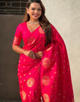 Pink Soft Silk Dual Zari Woven Saree with Peacock Border
