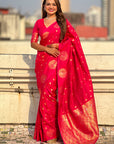 Pink Soft Silk Dual Zari Woven Saree with Peacock Border