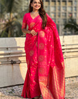 Pink Soft Silk Dual Zari Woven Saree with Peacock Border