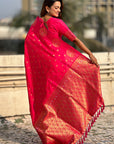 Pink Soft Silk Dual Zari Woven Saree with Peacock Border
