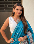 Denim Blue Katki Silk Printed Kalamkari Saree with Zari Border
