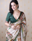 Green Tussar Silk Bold Kalamkari Figure Printed Saree with Zari Woven Border