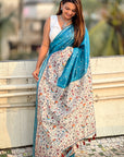 Denim Blue Katki Silk Printed Kalamkari Saree with Zari Border