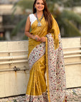 Gold Katki Silk Printed Kalamkari Saree with Zari Border