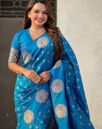 Blue Soft Silk Dual Zari Woven Saree with Peacock Border