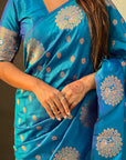 Blue Soft Silk Dual Zari Woven Saree with Peacock Border