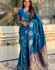 Blue Soft Silk Dual Zari Woven Saree with Peacock Border