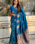 Blue Soft Silk Dual Zari Woven Saree with Peacock Border