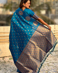 Blue Soft Silk Dual Zari Woven Saree with Peacock Border