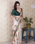 Green Tussar Silk Bold Kalamkari Figure Printed Saree with Zari Woven Border