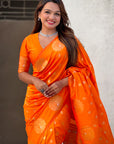 Orange Soft Silk Dual Zari Woven Saree with Peacock Border