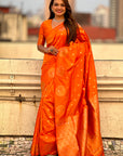 Orange Soft Silk Dual Zari Woven Saree with Peacock Border