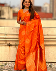 Orange Soft Silk Dual Zari Woven Saree with Peacock Border