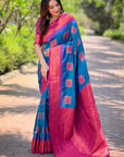 Blue Soft Silk Contrast Zari Woven Saree