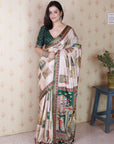 Green Tussar Silk Bold Kalamkari Figure Printed Saree with Zari Woven Border