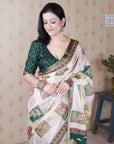 Green Tussar Silk Bold Kalamkari Figure Printed Saree with Zari Woven Border