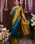 Sea Blue Soft Silk Floral Border Contrast Zari Woven Saree