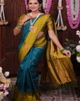 Sea Blue Soft Silk Floral Border Contrast Zari Woven Saree