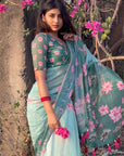 Monika in our Sea Green Chanderi Cotton Pichwai Printed Saree with Zari Woven Border