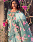 Monika in our Sea Green Chanderi Cotton Pichwai Printed Saree with Zari Woven Border
