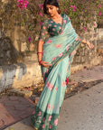 Monika in our Sea Green Chanderi Cotton Pichwai Printed Saree with Zari Woven Border
