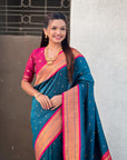 Denim Soft Silk Paithani Zari Woven Saree