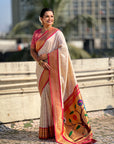 Cream Soft Silk Paithani Zari Woven Saree