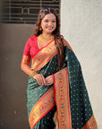 Bottle Green Zari Woven Bandhani Paithani Fusion Silk Saree