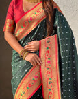 Bottle Green Zari Woven Bandhani Paithani Fusion Silk Saree