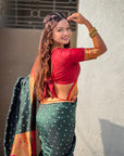 Bottle Green Zari Woven Bandhani Paithani Fusion Silk Saree